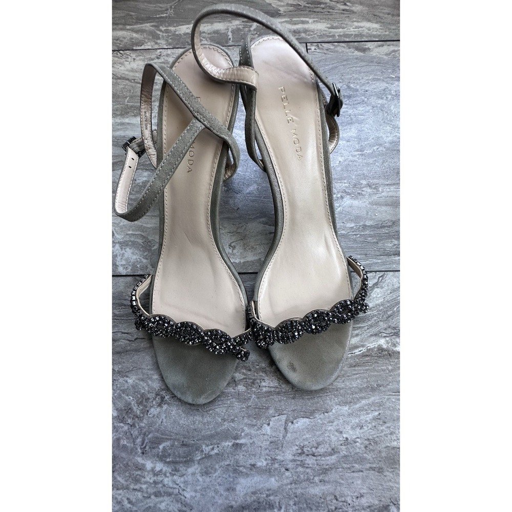 Pelle Moda PM Rois Rhinestone Ankle Strap Stiletto Heels Gray Silver Suede 10M